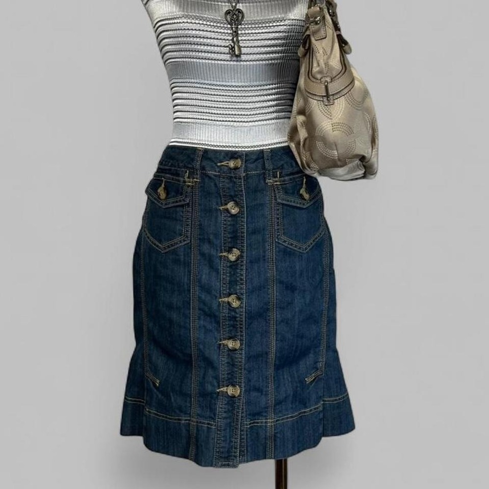 Vintage Y2K Willi Smith Blue Denim High Waist Skirt Flare Hem Button Up Womens 6